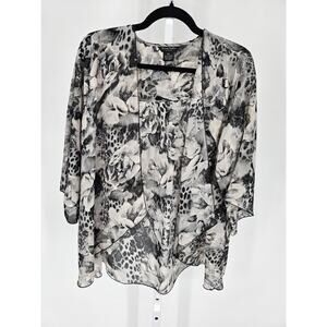 Sunny Taylor womens Sz PS Petite Open Front Blouse Black Gray Marbled Sheer